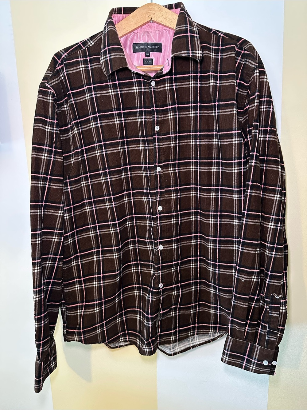 Haight & Ashbury Mens 6/XXL Brown Pink Plaid Corduroy Shirt Slim Fit Long Sleeve